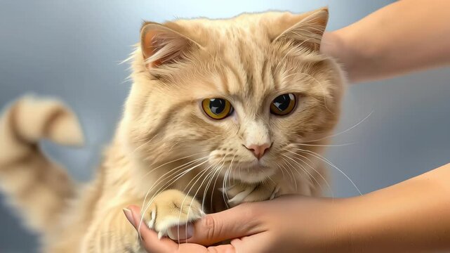 Gentle cat paw care and grooming for fluffy longhair feline soft fur closeup with human hands, cozy pet wellness and calm mood, whisker friendly