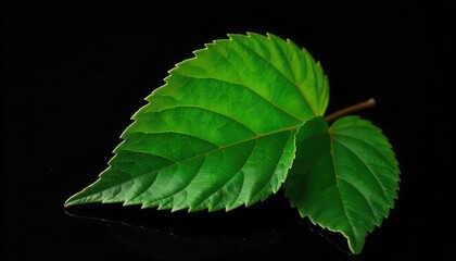 A close up shot of two vibrant green leaves with serrated edges against a stark black background