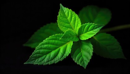 Close up shot of fresh green mint leaves against a dark background in a studio setting
