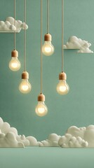 Vibrant photo of creative light bulbs hanging with clouds, a concept of inspiration and idea
