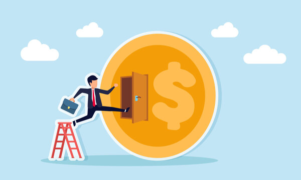 Businessman jumping from a ladder toward a door on a dollar coin illustrating taking profit from a business project - Powered by Adobe