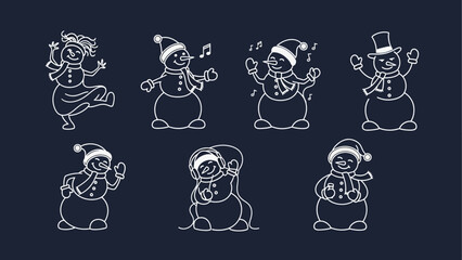 Cute Snowman Illustrations Set for Winter Holidays and Christmas Celebrations