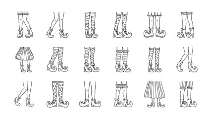 Collection of diverse fantasy character legs and whimsical footwear designs in enchanting black and white illustrations