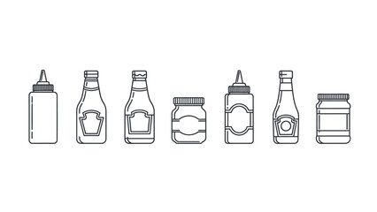 Diverse array of everyday kitchen condiment bottles and sauce jars presented in clean line art vector illustration for culinary design projects