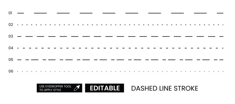 Variety of dashed line stroke types. Useful editable line designs for decor elements