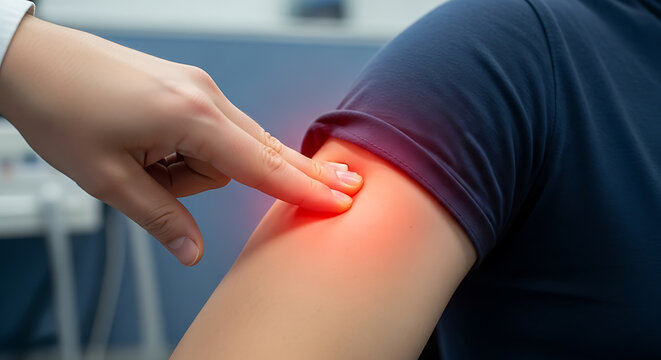 Doctor examining patient's painful arm with red highlight, indicating inflammation or injury during medical check-up. - Powered by Adobe