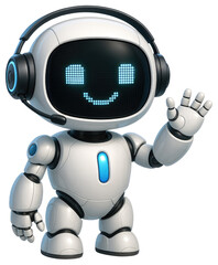 White robot with blue dot eyes and headset waving on a white background android artificial intelligence isolated on a transparent background