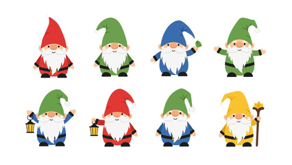 Charming set of cute garden gnome cartoon characters with colorful hats, a vector collection