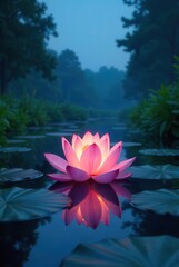 Serene Illuminated Lotus Blossom Floating Gently on Dark Water at Dusk