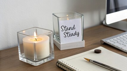 Cozy workspace with inspiring candle and motivational note on a wooden desk featuring a computer and notebook