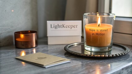 Cozy interior scene featuring a lit candle with inspirational message, decorative elements, and warm lighting ambiance