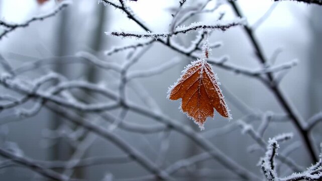 Aesthetic frozen leaf dangling gently from a snow-covered branch in winter's embrace