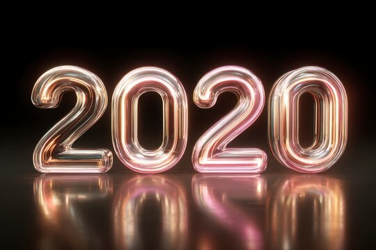 2020 Shiny Neon Number Display with Reflection on Black Background