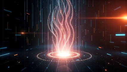 digital hologram holographic swirling energy vortex with flowing light twisted wave motion in vertical strands upward from a circular sci-fi and fantasy landscape