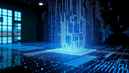 digital data processor floating above a circuit board within a dimly lit room, dynamic data stream flow