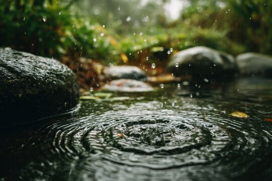 High quality photo of raindrop creating concentric ripples on a dark water surface in nature - Powered by Adobe