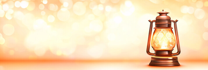 A glowing vintage lantern stands against a warm bokeh background, creating a nostalgic and cozy atmosphere.