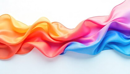 A vibrant silk scarf flowing across a white surface showcasing a spectrum of colors and soft textures