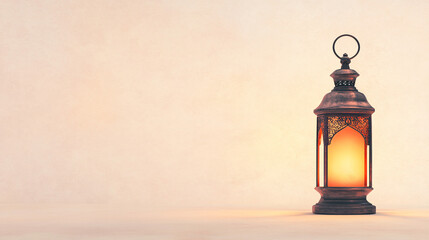 Naklejka premium A vintage lantern with warm glow, showcasing intricate patterns in a serene, neutral-toned setting.