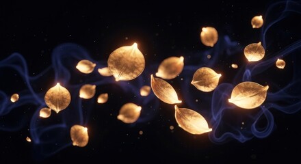 Neon and glowing leaves in golden color floating on dark background . A magical view