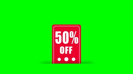 50% off tag label animation on a green screen background for major discount promotions, flash deals, and marketing advertisements