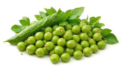 Close up shot of a pile of green fruits with leaves on a white background in a studio setting