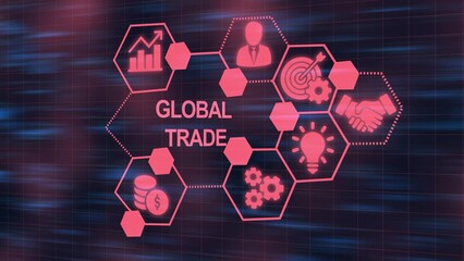 Global Trade Network with Business Icons and Text in Red Hexagons connection commerce