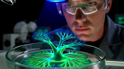 A focused male scientist in his 30s observes a glowing optogenetic organism in a petri dish in a futuristic research laboratory.