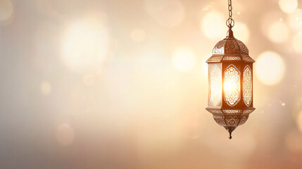 Elegant metal lantern casting warm light against a soft, golden bokeh background.