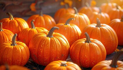 A collection of ripe, orange pumpkins are arranged together, showcasing their round shapes and textured surfaces.