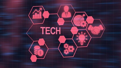 Hexagonal Network Displaying Technology Concepts with Icons and Central Word TECH digital innovation