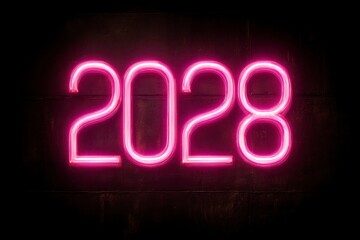 Neon Pink 2028 Signage on Dark Wall for Futuristic Theme and Events