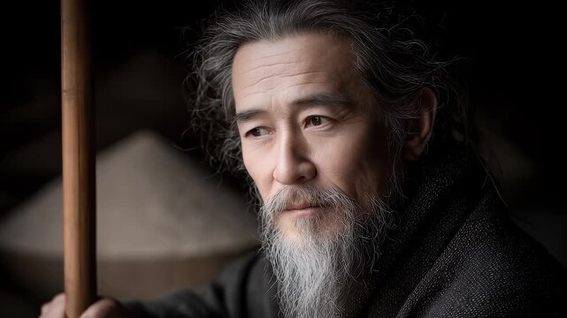 Close-up of an elderly man in Tang Dynasty with peaceful expression and deep eyes