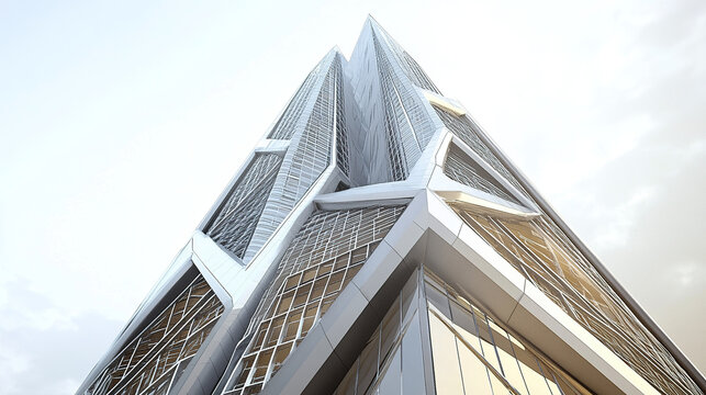 Futuristic skyscraper with sharp geometric design and metallic finish