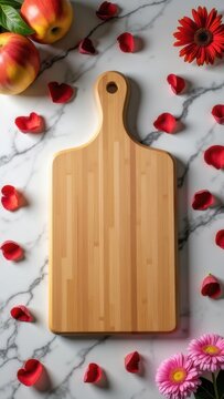 Wooden Cutting Board with Apples and Flowers on Marble