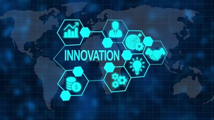 Innovation Concept with Hexagonal Icons and Global Map in Blue Tones world map technology