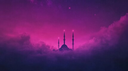 A serene mosque silhouette emerges through vibrant purple clouds at dusk.