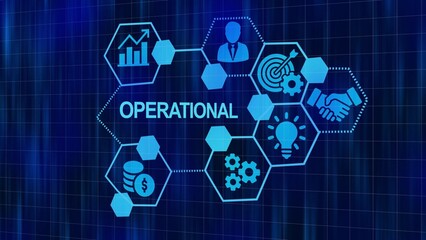 Operational concept diagram with hexagonal icons and blue grid background operations efficiency