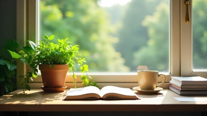 Serene morning ambiance open book, warm beverage, potted plants on a sunlit windowsill, peaceful reading moment