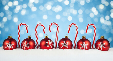 Christmas candy canes and red ornaments in snow with bokeh lights