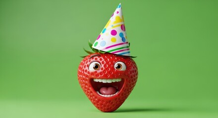 funny Strawberry as a cartoon character wear birthday cap isolated on solid green background