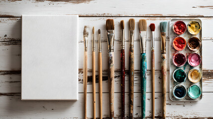 Artist paintbrushes canvas and colorful watercolor palette on wooden table 