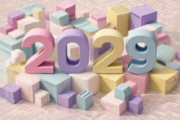 Colorful 2029 Numbers Surrounded by Pastel Blocks and Shapes
