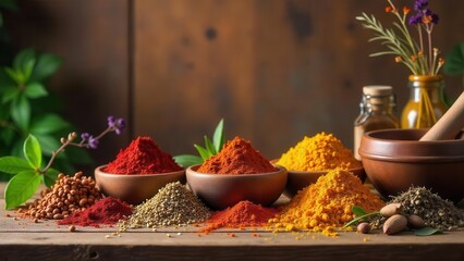 Aromatic Spice Collection Vibrant Powders and Herbs in Rustic Bowls on Wooden Surface