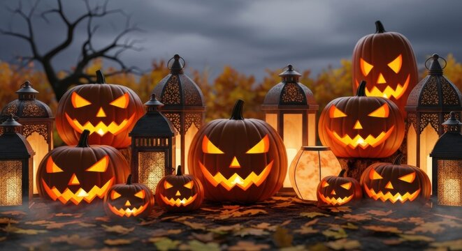 Spooky Halloween Night with Glowing Jack-o'-lanterns and Lanterns, Pumpkin, Carved pumpkin, Scary
