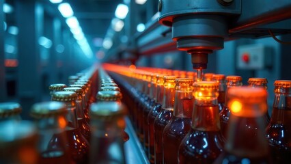 Automated Bottling Line Industrial Machinery Filling Glass Bottles with Sparkling Beverage on a Conveyor Belt