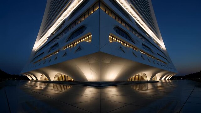 A glowing parametric architectural fa?ade of a futuristic skyscraper at night, with symmetrical lights reflecting on the polished plaza.