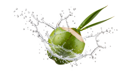 Fresh green coconut with water splash, healthy tropical beverage and refreshment
