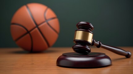 Basketball and gavel symbolise legal issues in sports or court decisions regarding athletic events