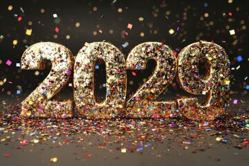 Golden 2029 Numbers Surrounded by Colorful Confetti for Celebration